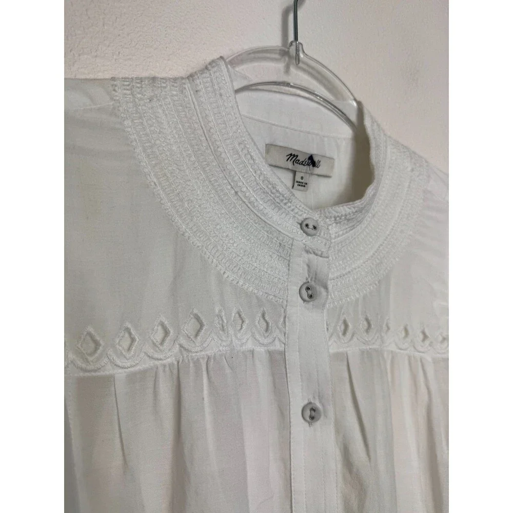 Madewell Sz 0 Puff Sleeve Band Collar Shirt White Button Front Embroidered NWT